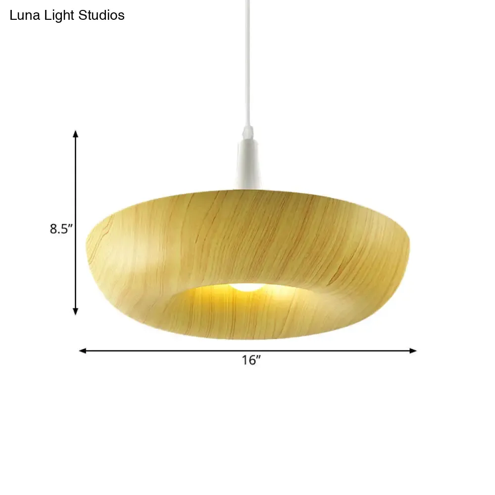 Beige Donut Hanging Light: Minimalist Aluminum Pendant Lamp with Wood Grain Texture – Perfect for Living Room