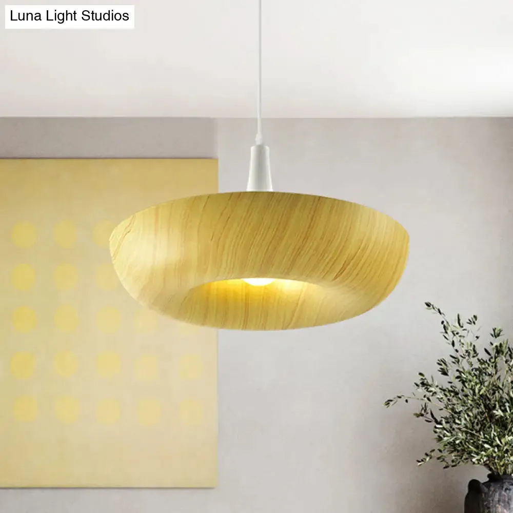 Beige Donut Hanging Light: Minimalist Aluminum Pendant Lamp with Wood Grain Texture – Perfect for Living Room