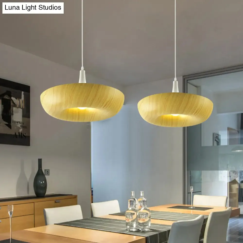 Beige Donut Hanging Light: Minimalist Aluminum Pendant Lamp with Wood Grain Texture – Perfect for Living Room