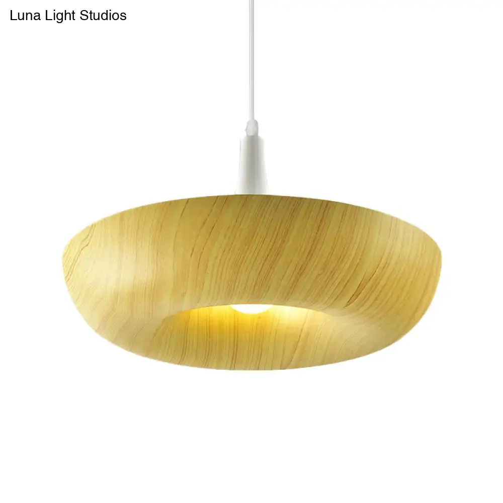 Beige Donut Hanging Light: Minimalist Aluminum Pendant Lamp with Wood Grain Texture – Perfect for Living Room