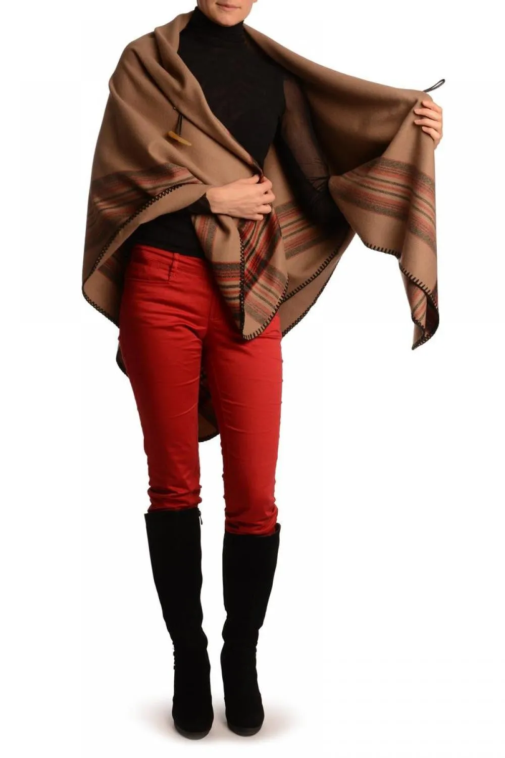 Beige Square With Wide Stripe Fastening Blanket Wrap (Poncho)