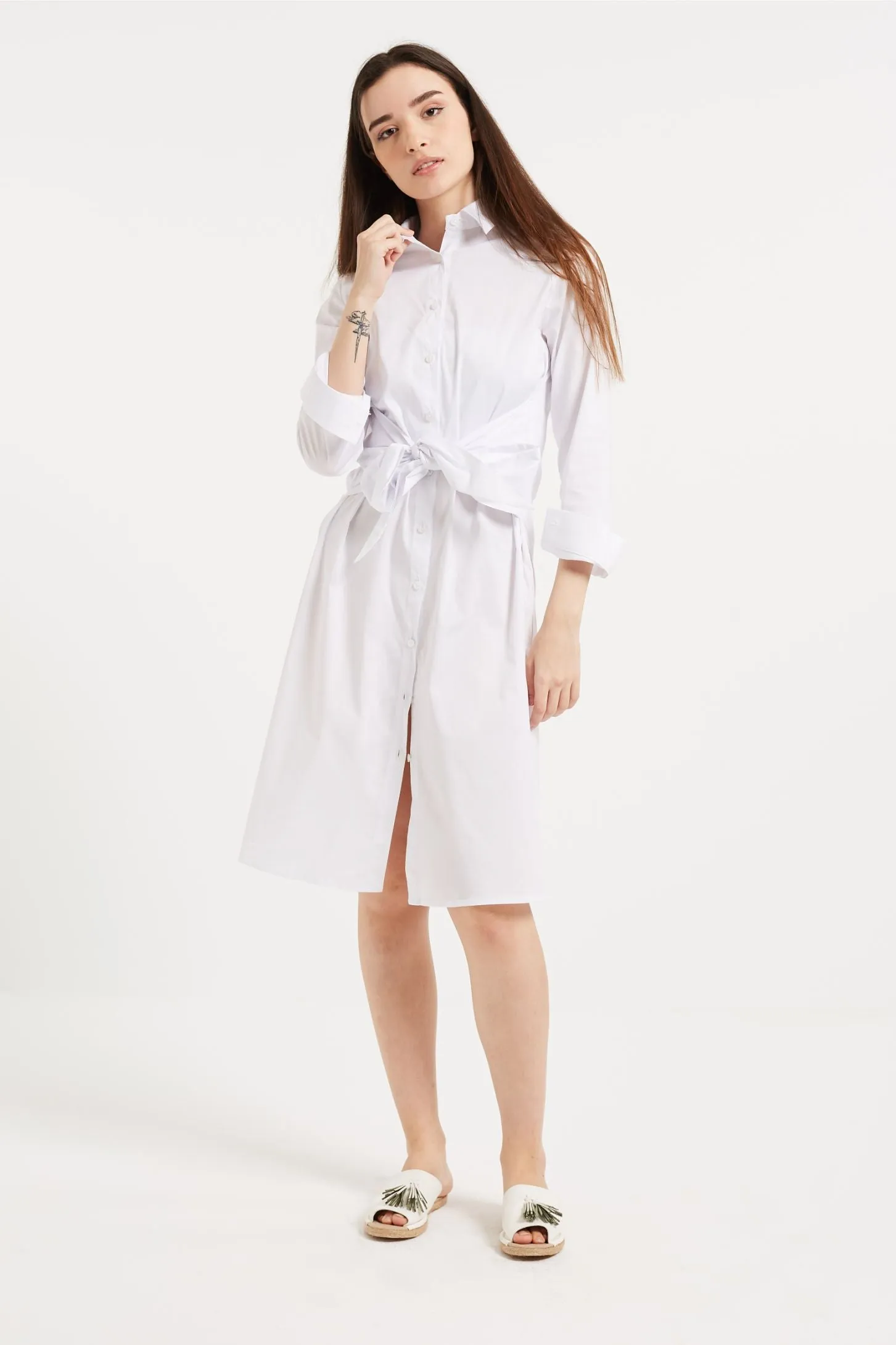 BELTED MIDI SHIRT DRESS - WHITE