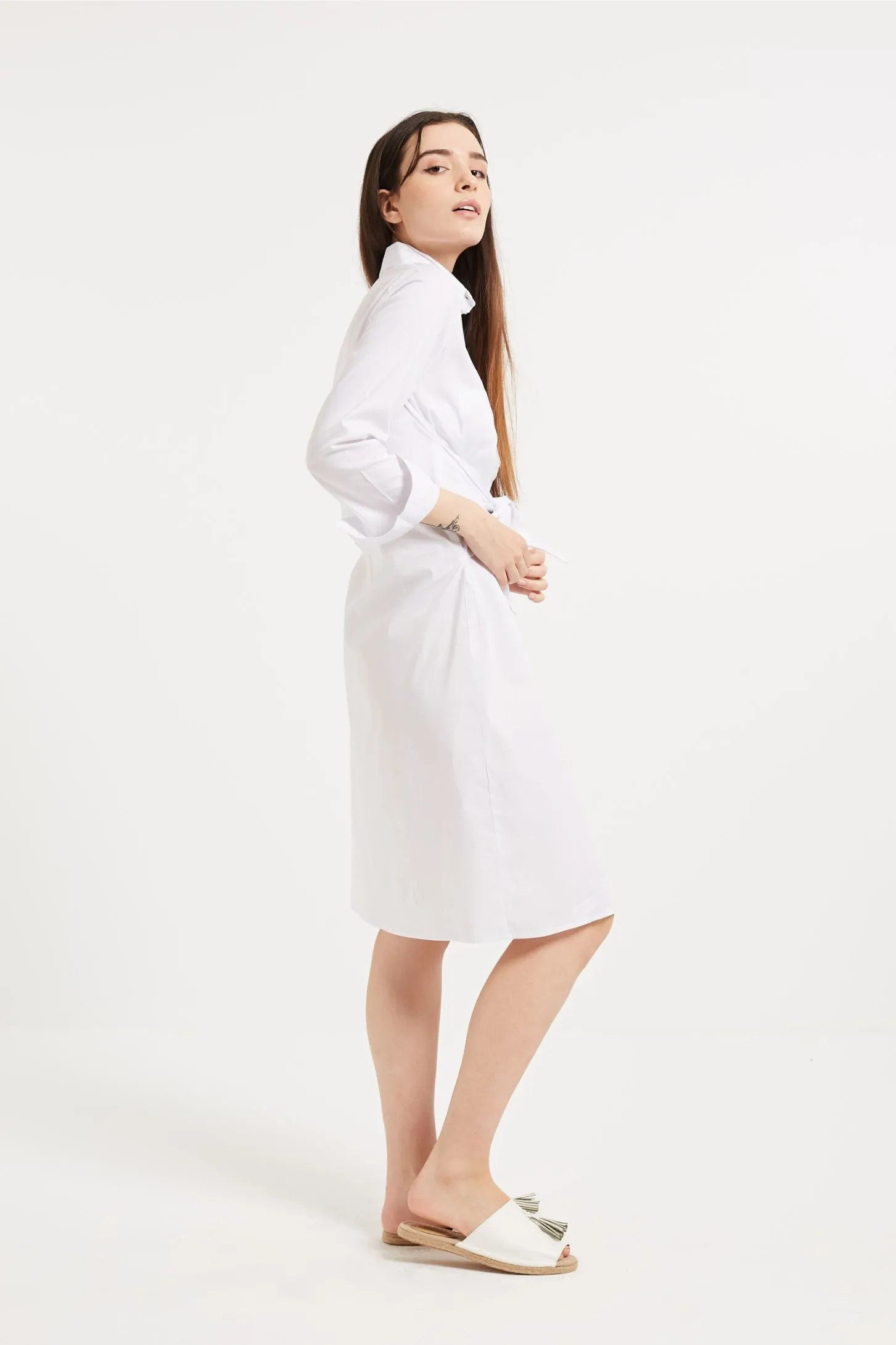 BELTED MIDI SHIRT DRESS - WHITE