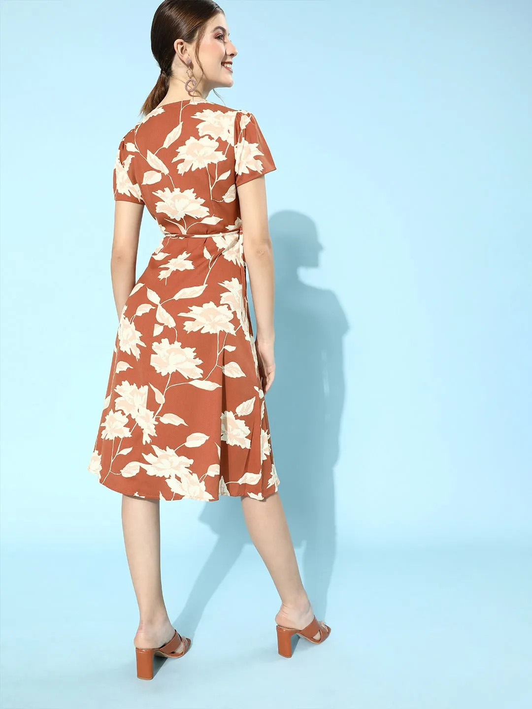 Berrylush Women Brown Floral Print Belted A-Line Midi Dress