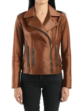 Biker Lapel Style Brown Leather Jacket