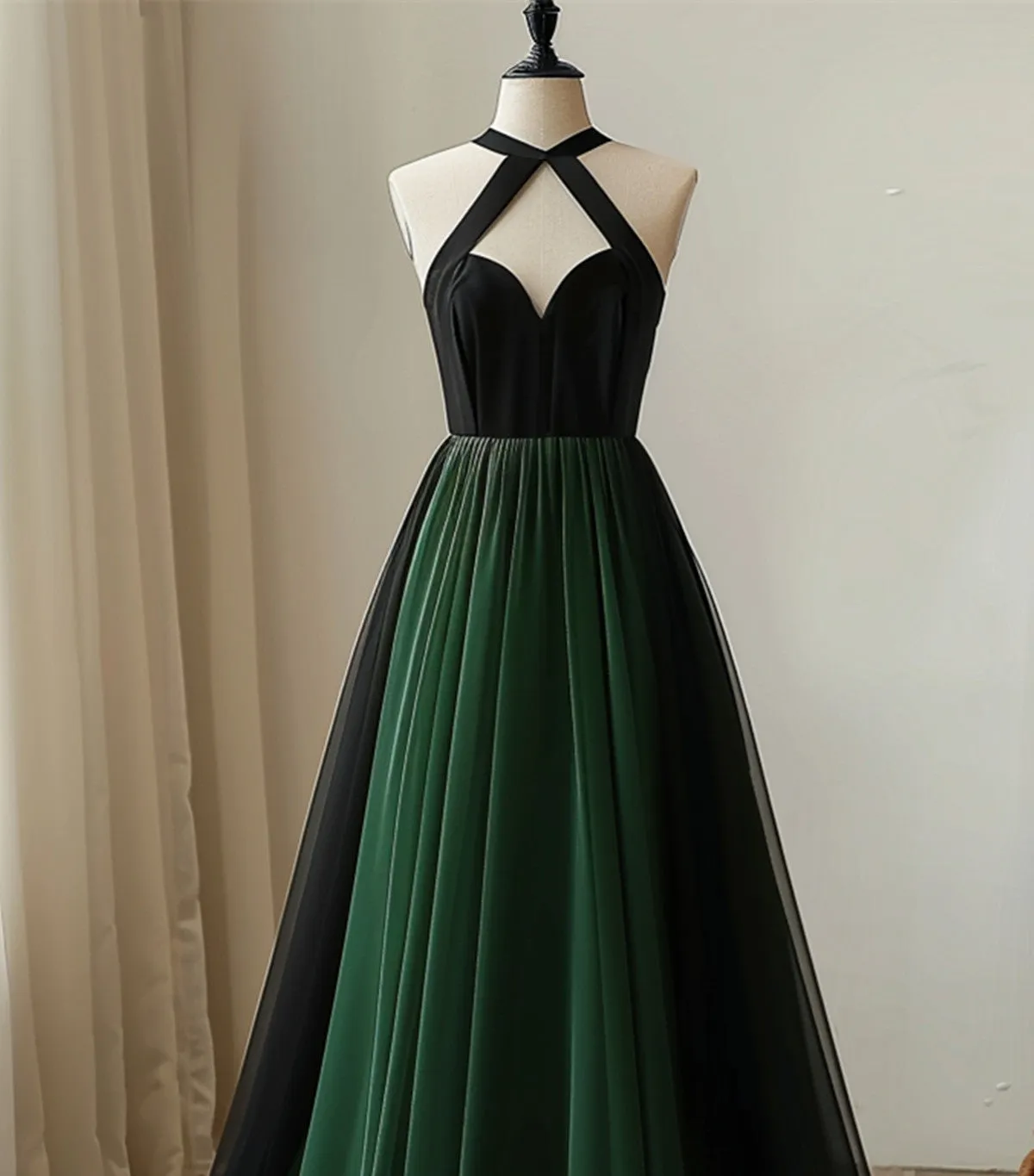 Black and Green Chiffon Haler Chic Party Dress, Black and Green Prom Dress