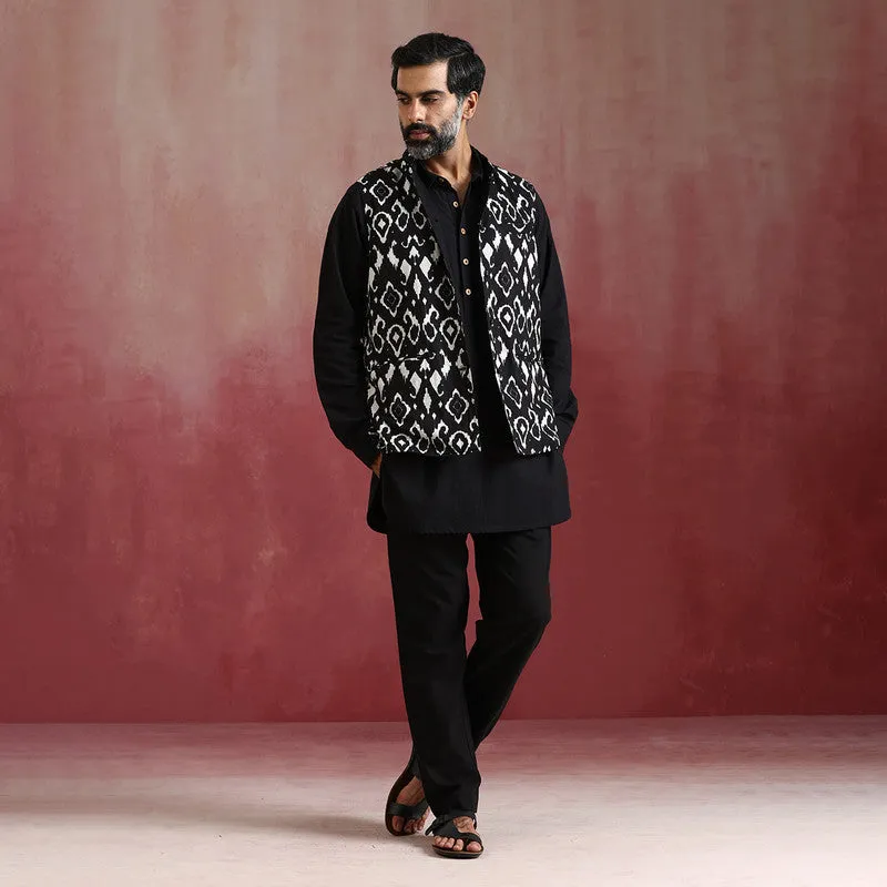 Black Ikat Print Cotton Nehru Jacket | Reversible