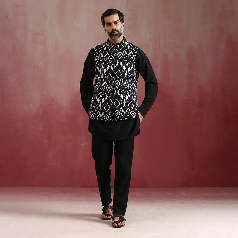 Black Ikat Print Cotton Nehru Jacket | Reversible