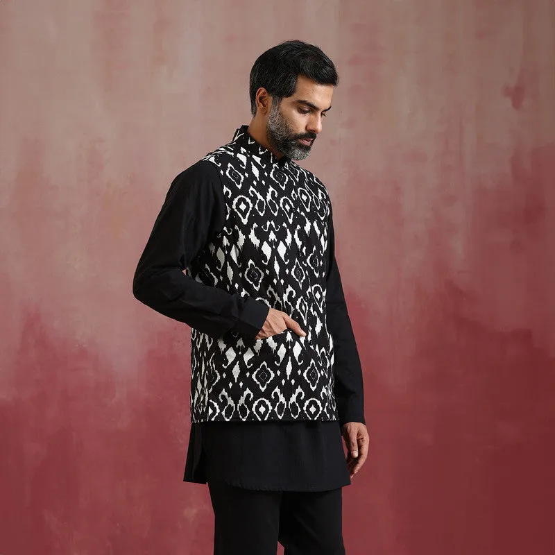 Black Ikat Print Cotton Nehru Jacket | Reversible