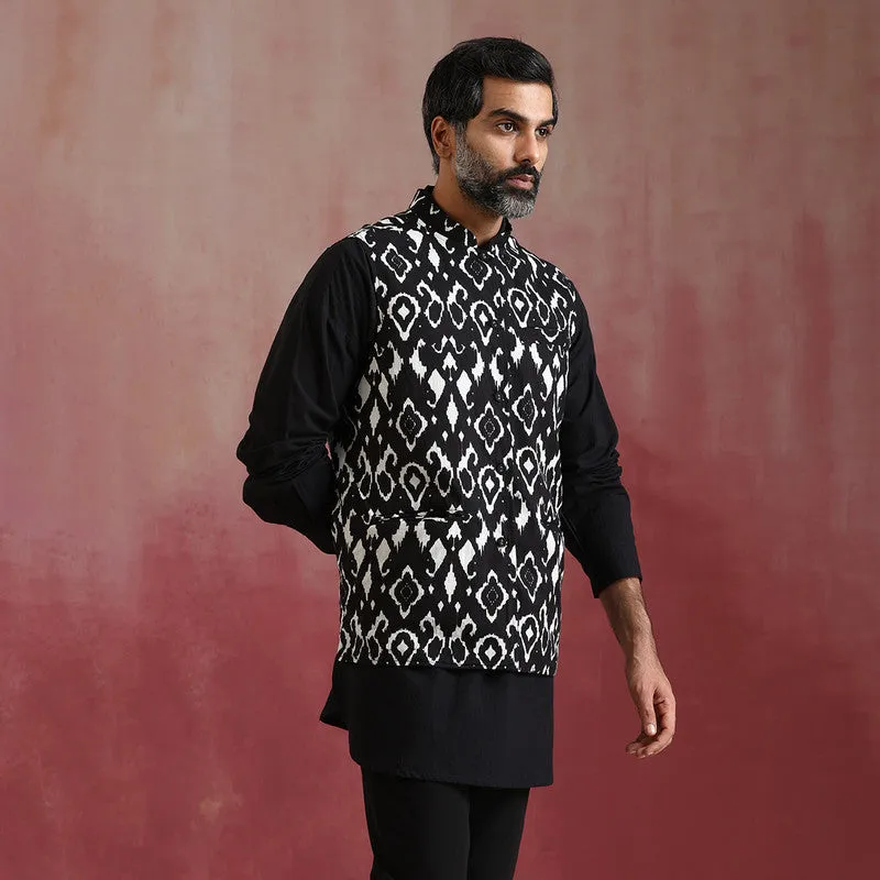 Black Ikat Print Cotton Nehru Jacket | Reversible