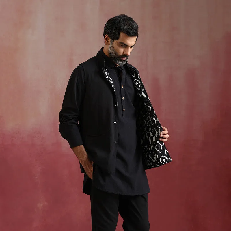 Black Ikat Print Cotton Nehru Jacket | Reversible