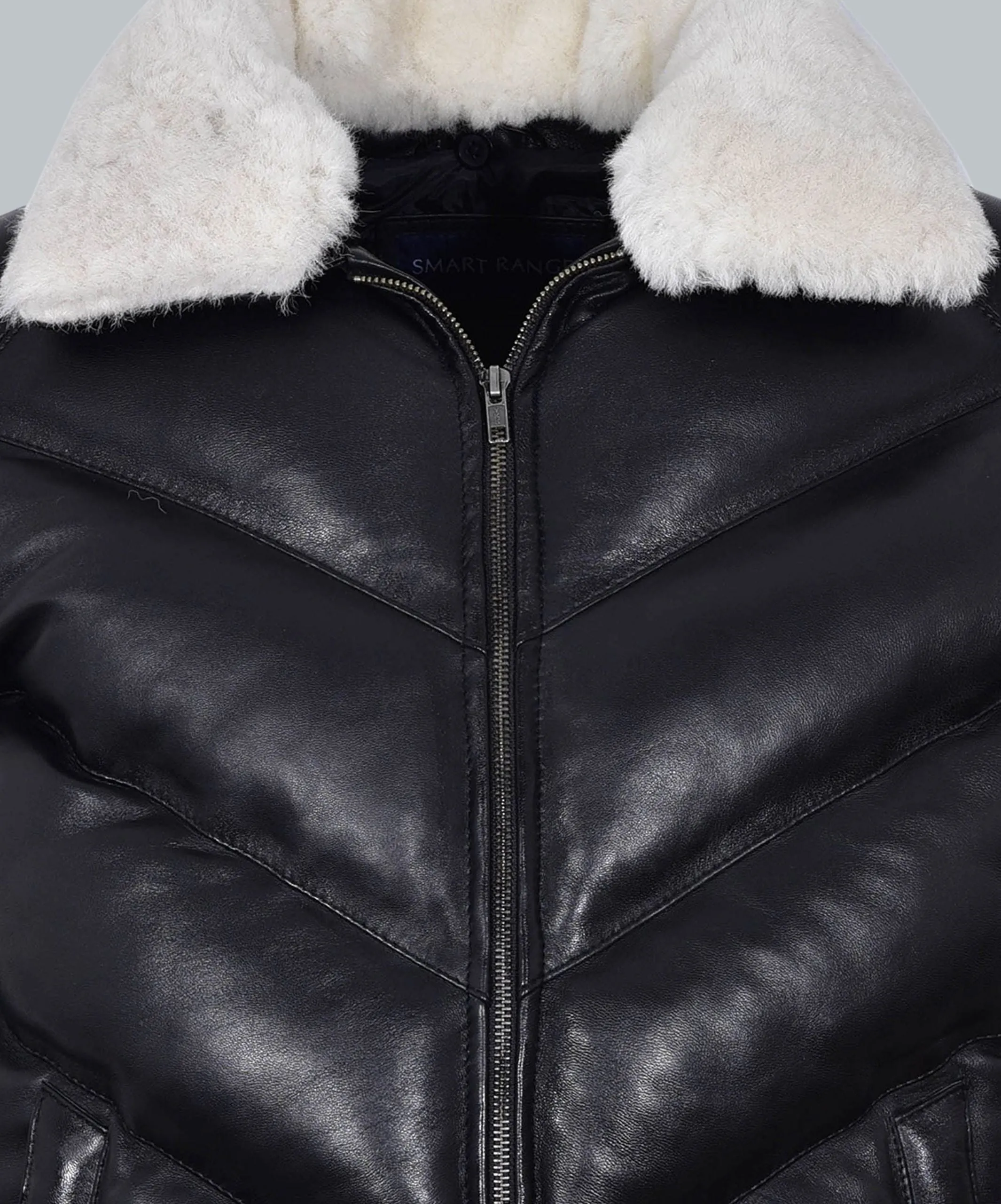 Black Leather puffer Jacket Fur collar