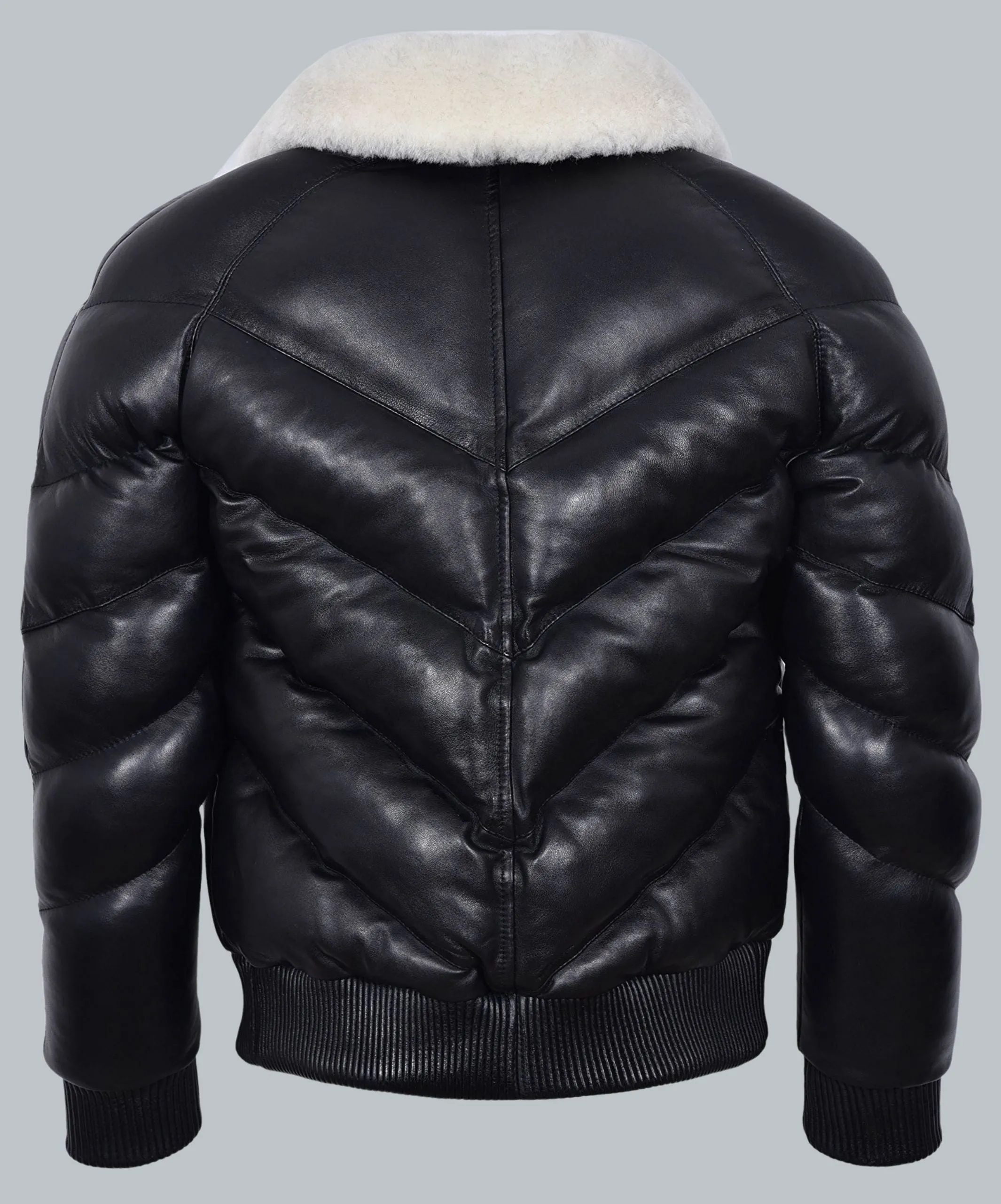 Black Leather puffer Jacket Fur collar