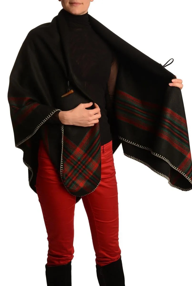 Black Square With Wide Stripe Fastening Blanket Wrap (Poncho)