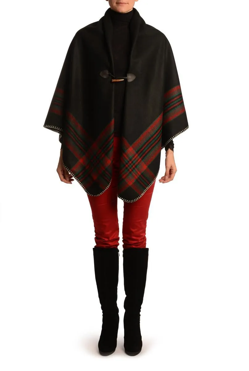 Black Square With Wide Stripe Fastening Blanket Wrap (Poncho)