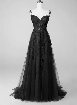 Black Sweetheart Tulle with Lace Long A-line Prom Dress, Black Formal Dress