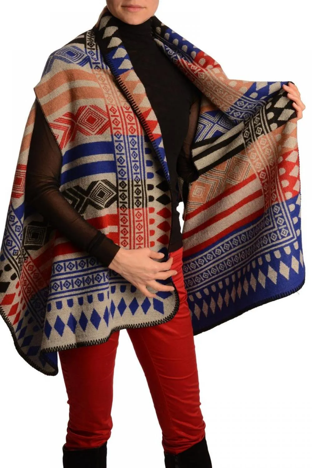 Blue, Red & Black Aztec On Grey Blanket Wrap (Poncho)