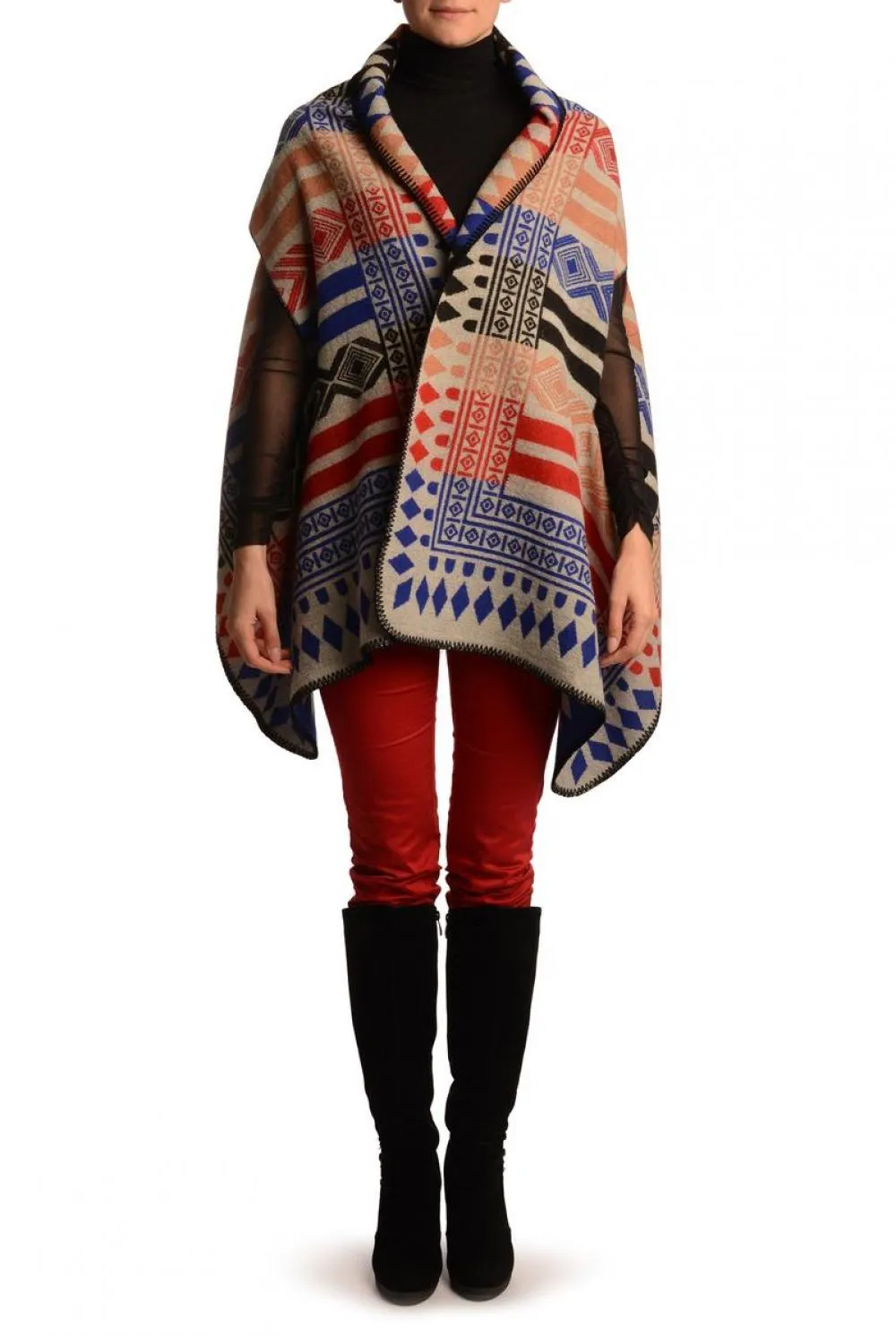 Blue, Red & Black Aztec On Grey Blanket Wrap (Poncho)