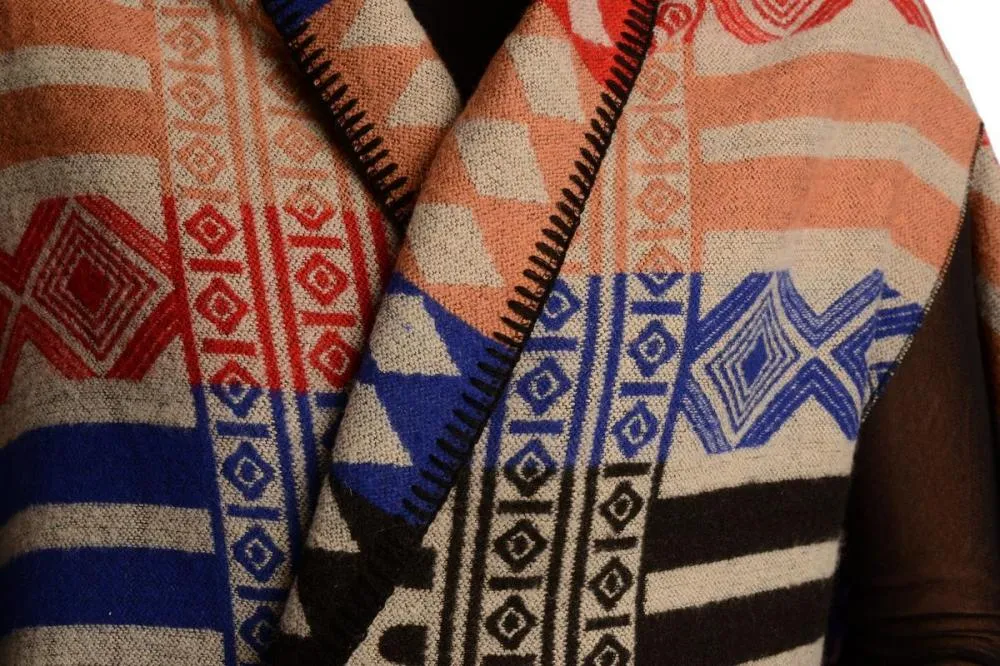 Blue, Red & Black Aztec On Grey Blanket Wrap (Poncho)