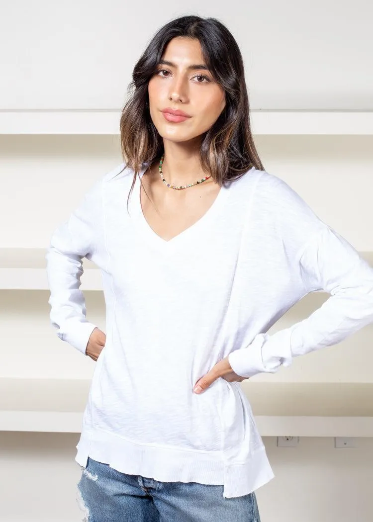 Bobi Princess Seam Long Sleeve V Neck Tee- White ***FINAL SALE***