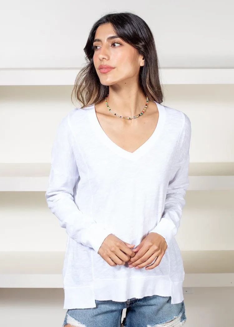 Bobi Princess Seam Long Sleeve V Neck Tee- White ***FINAL SALE***