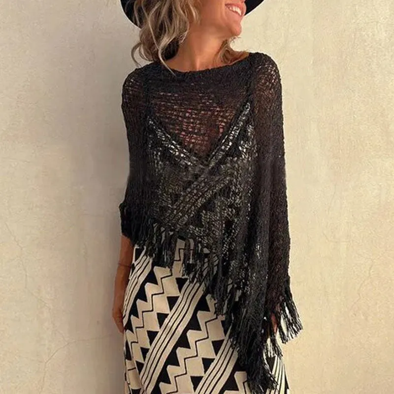 Bohemian Solid Fringe Trim Boat Neck Sheer Open Crochet Knit Poncho Sweater