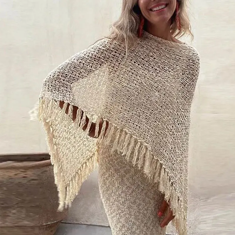 Bohemian Solid Fringe Trim Boat Neck Sheer Open Crochet Knit Poncho Sweater