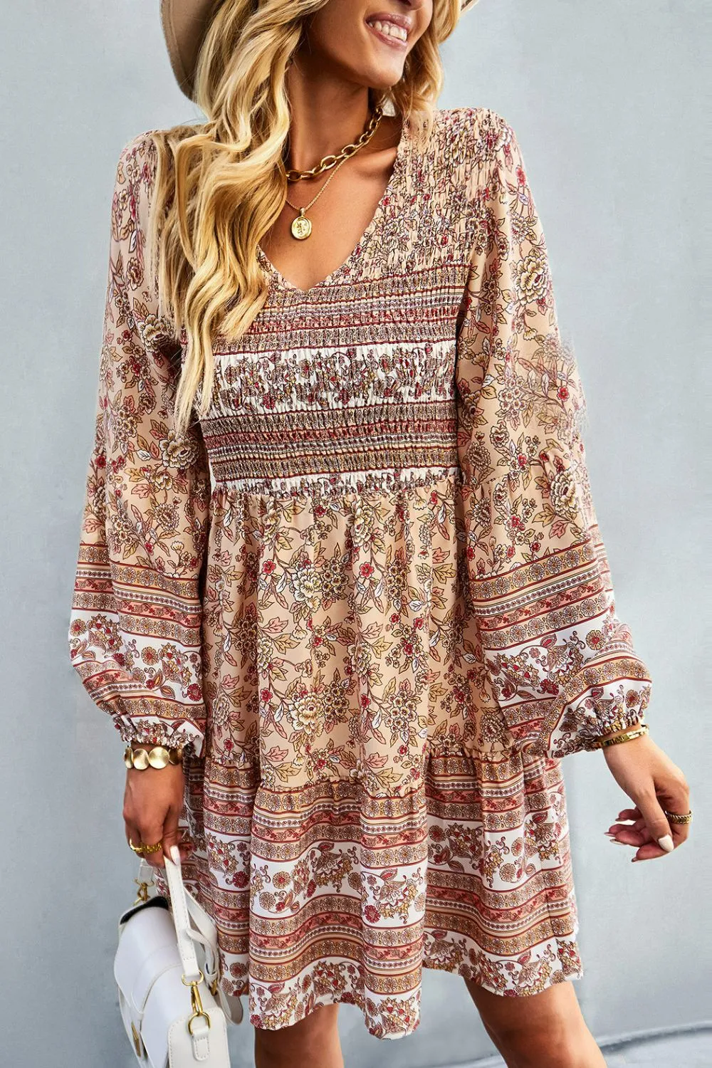 Bohemian V-Neck Balloon Sleeve Dress