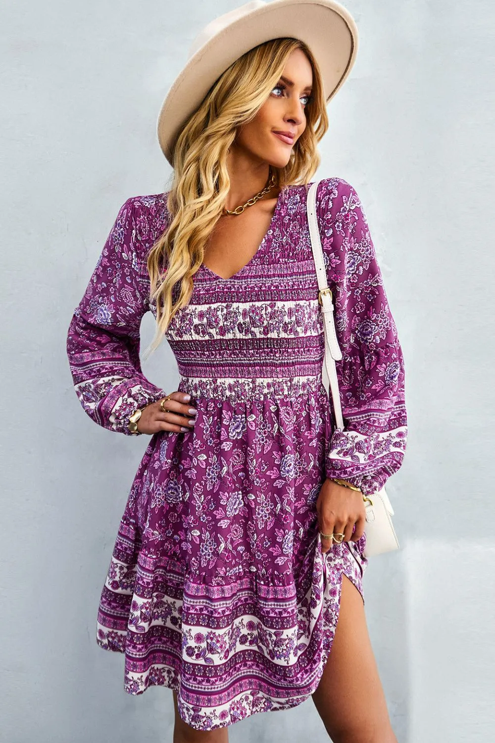 Bohemian V-Neck Balloon Sleeve Dress