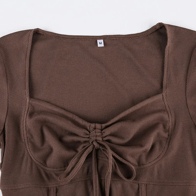 Brown Knitted Drawstring Corset Flare-Sleeve Dress