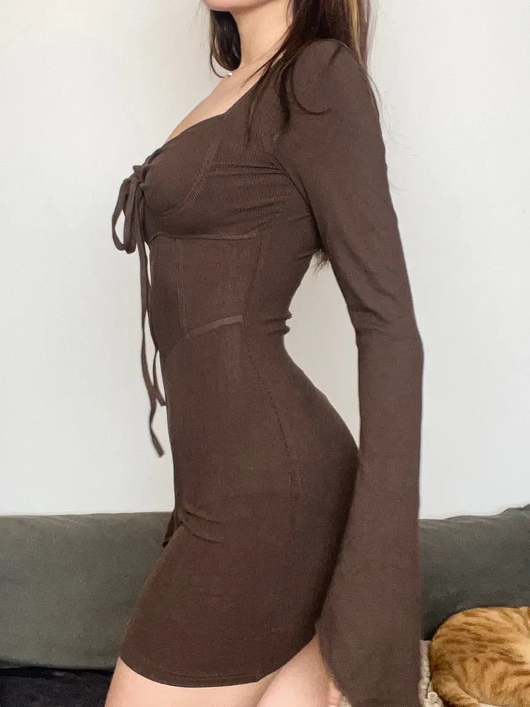 Brown Knitted Drawstring Corset Flare-Sleeve Dress