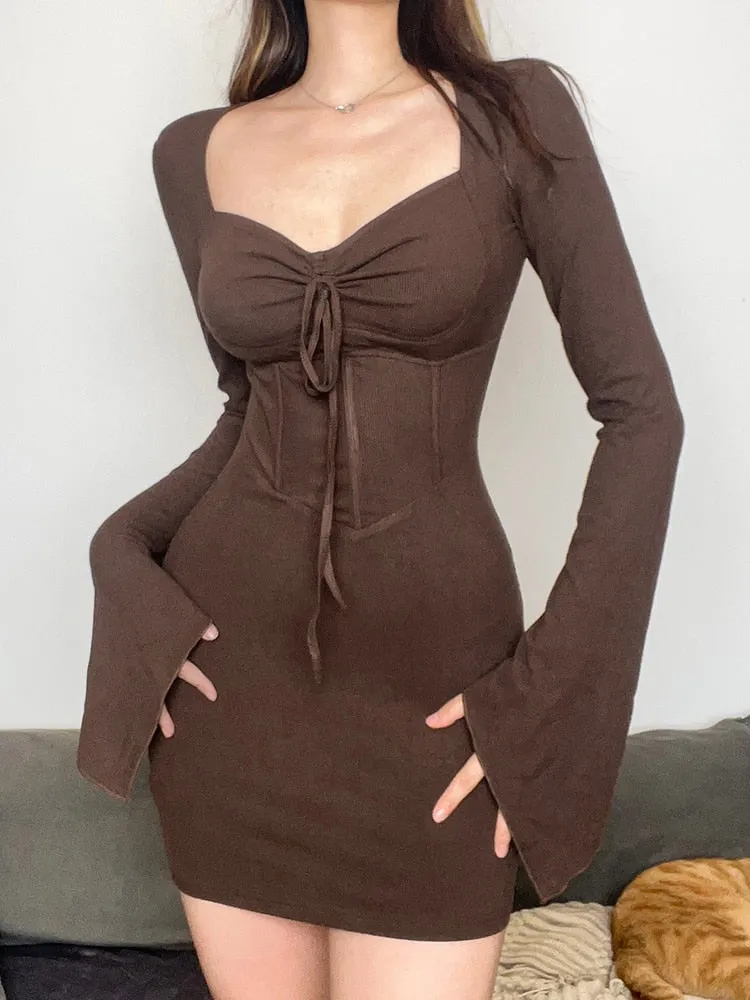 Brown Knitted Drawstring Corset Flare-Sleeve Dress