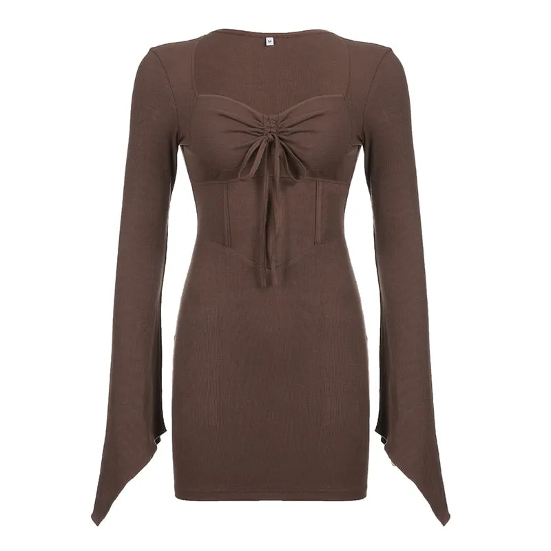 Brown Knitted Drawstring Corset Flare-Sleeve Dress