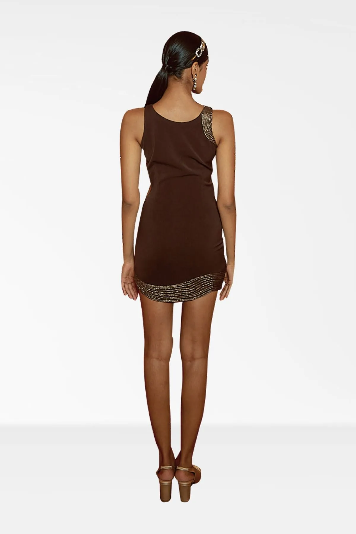 Brown Micro Mini Dress With Lurex Cording