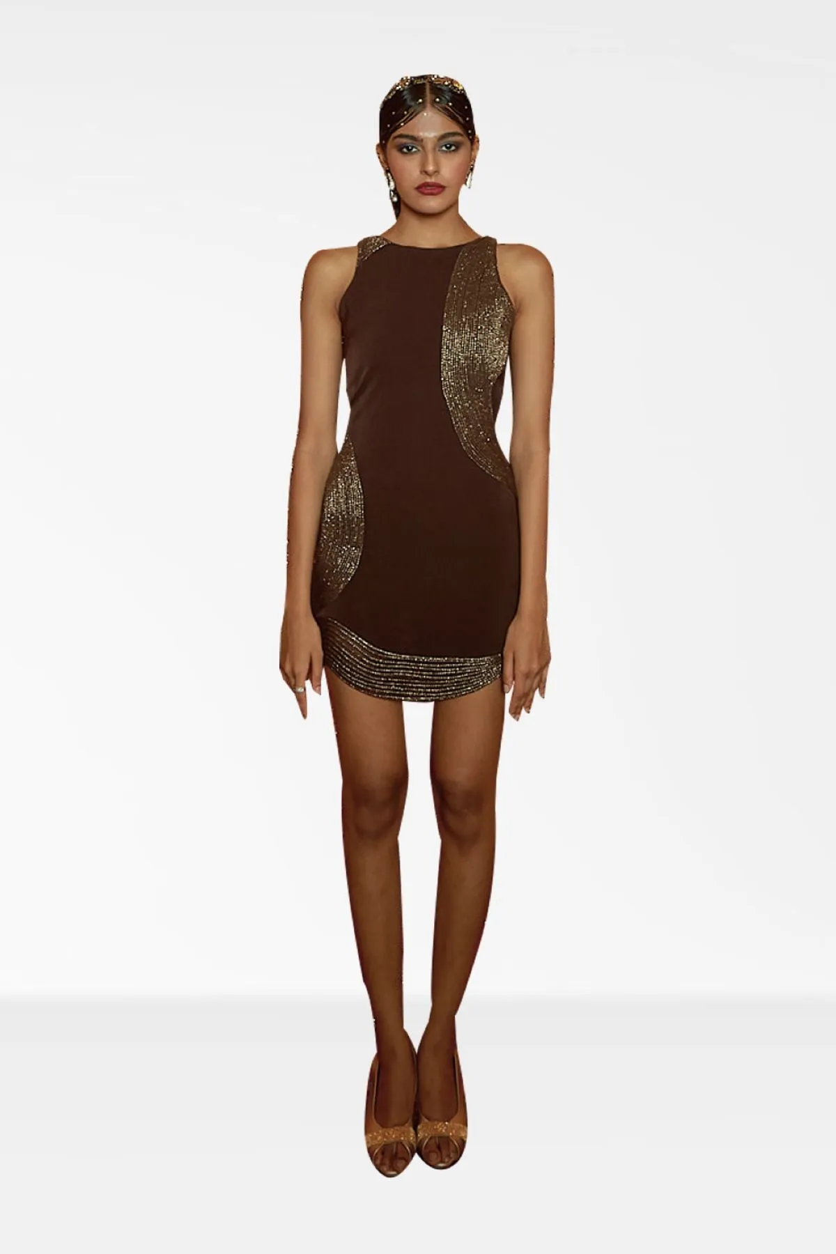 Brown Micro Mini Dress With Lurex Cording