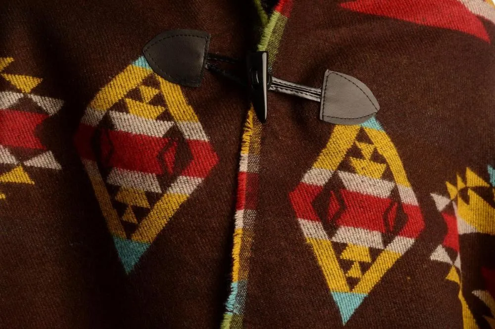 Brown Woven Aztec With Hood Poncho