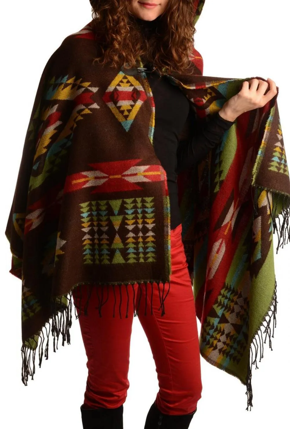 Brown Woven Aztec With Hood Poncho