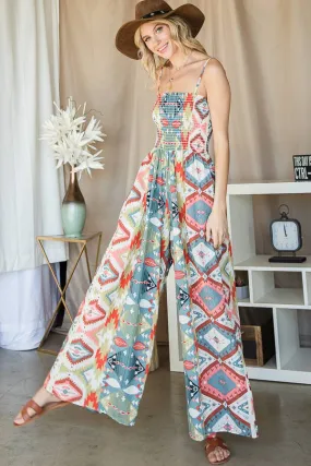 Bucketlist Smocked Aztec Print Jumpsuit