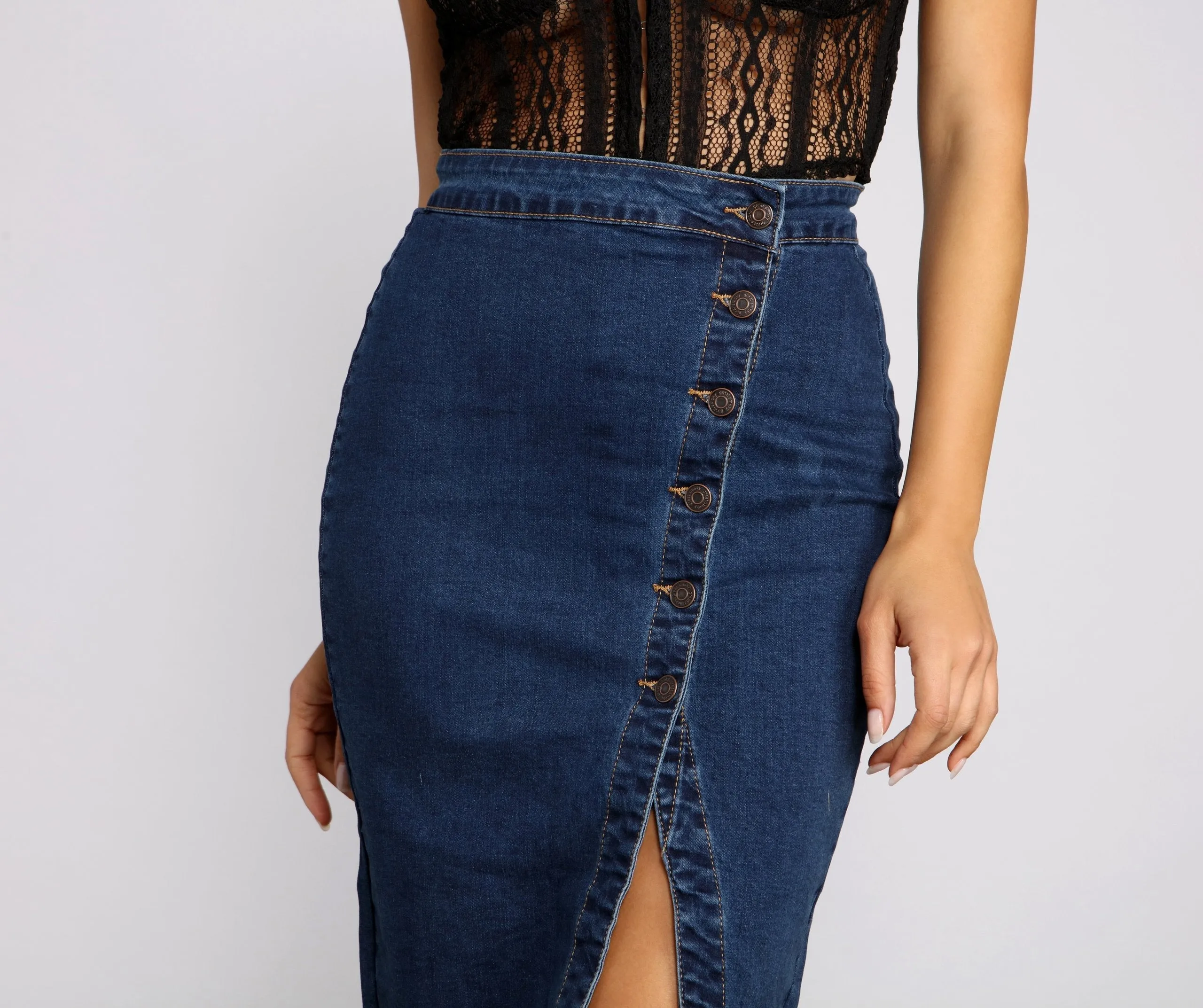 By Your Side Button Down Denim Skirt