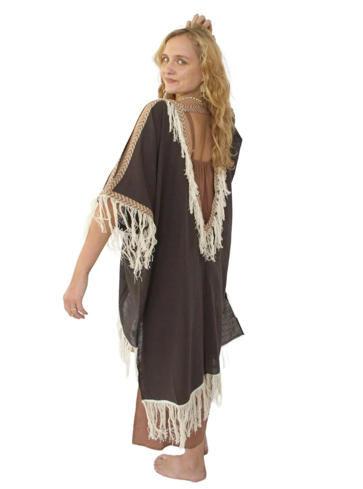 Cacao Organic Cotton Shrug with Fringe