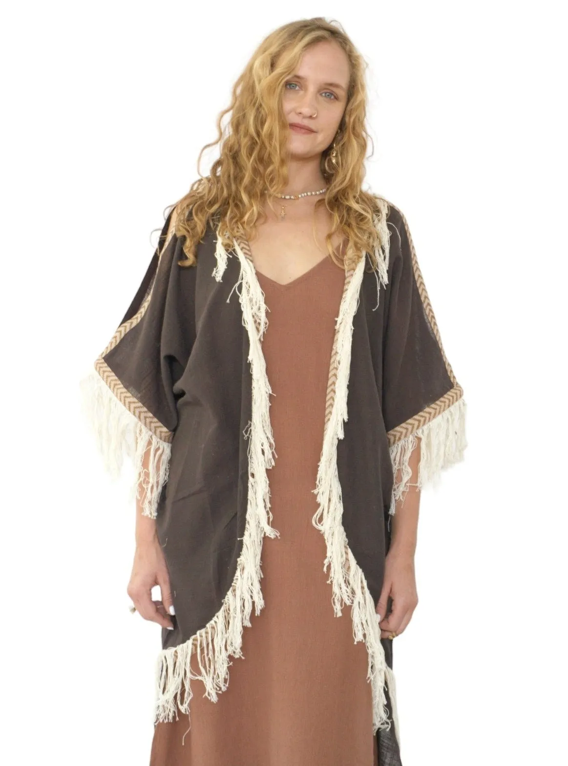 Cacao Organic Cotton Shrug with Fringe