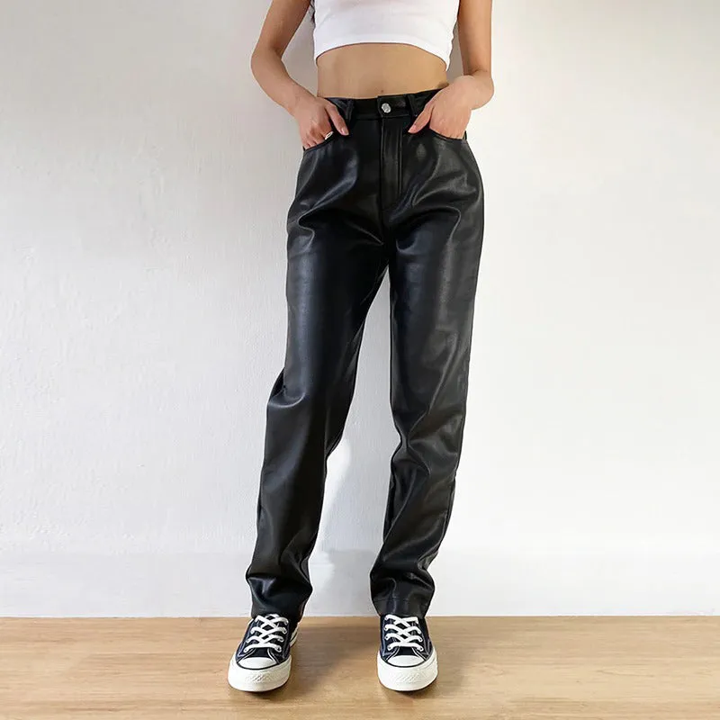 Cargo Pants Women Black Faux Leather High Waist Pant Straight Trouser