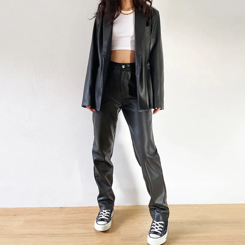 Cargo Pants Women Black Faux Leather High Waist Pant Straight Trouser