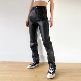 Cargo Pants Women Black Faux Leather High Waist Pant Straight Trouser