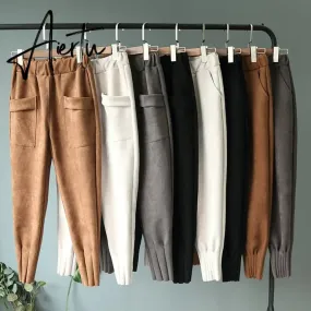 Casual Autumn Winter Women Pants Korean Elastic High Waist Pockets Suede Harem Pants Trousers Women Pantalon Femme