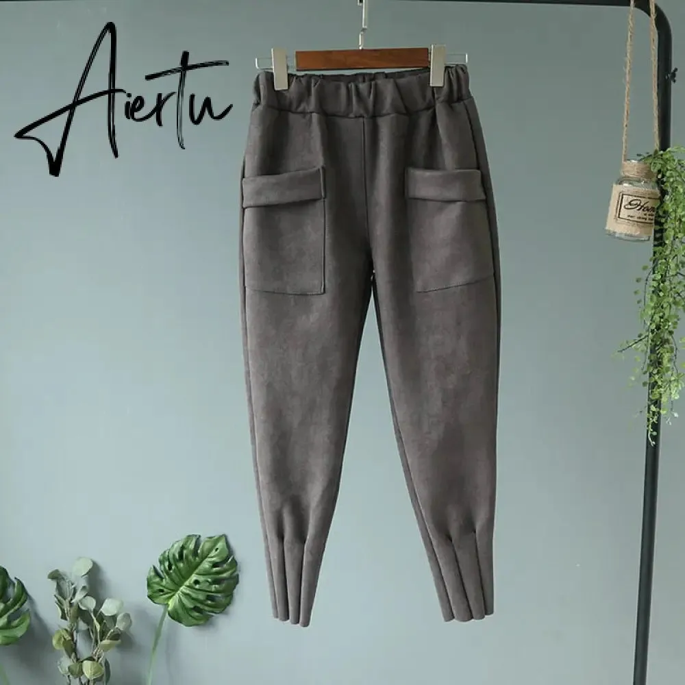 Casual Autumn Winter Women Pants Korean Elastic High Waist Pockets Suede Harem Pants Trousers Women Pantalon Femme