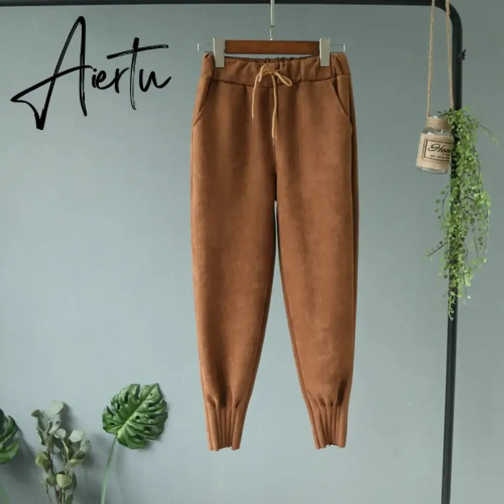 Casual Autumn Winter Women Pants Korean Elastic High Waist Pockets Suede Harem Pants Trousers Women Pantalon Femme