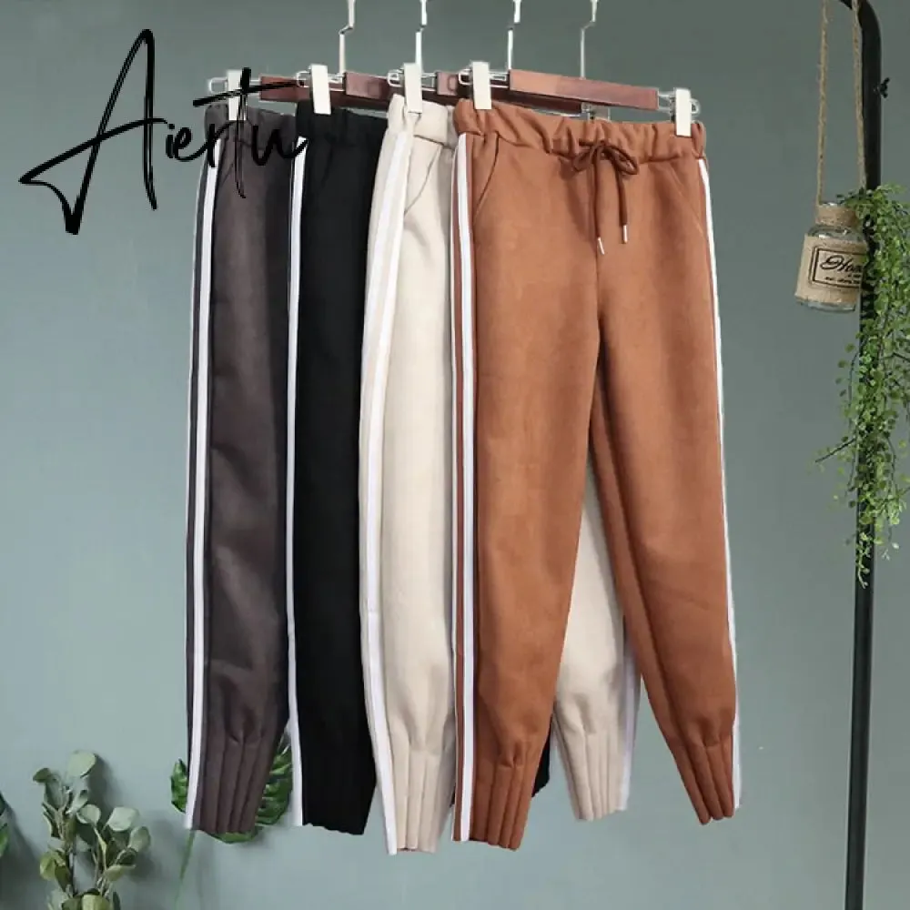 Casual Autumn Winter Women Pants Korean Elastic High Waist Pockets Suede Harem Pants Trousers Women Pantalon Femme