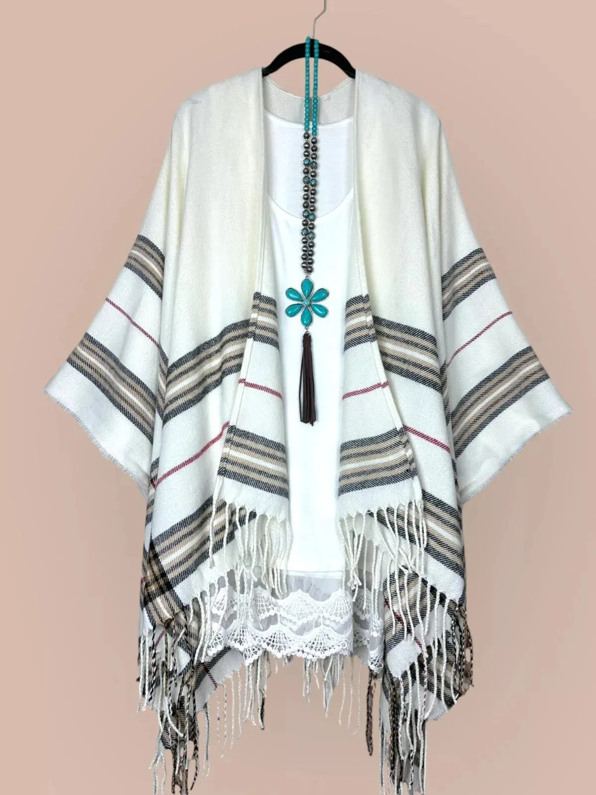 C'est la vie  fringe Ivory Poncho