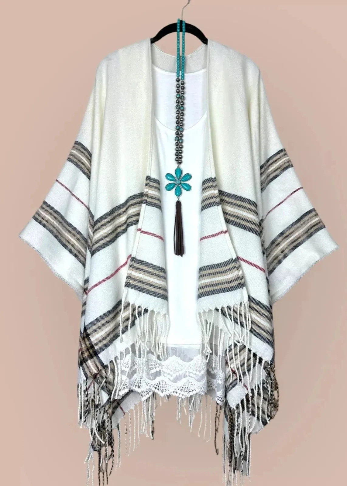 C'est la vie  fringe Ivory Poncho